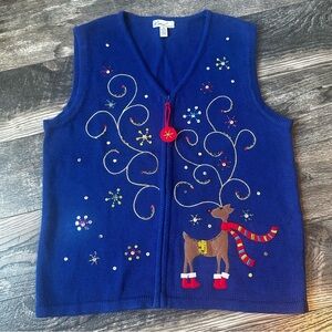 Blue Reindeer Embroidered Sequin Christmas Holiday Sweater Vest Women’s Medium
